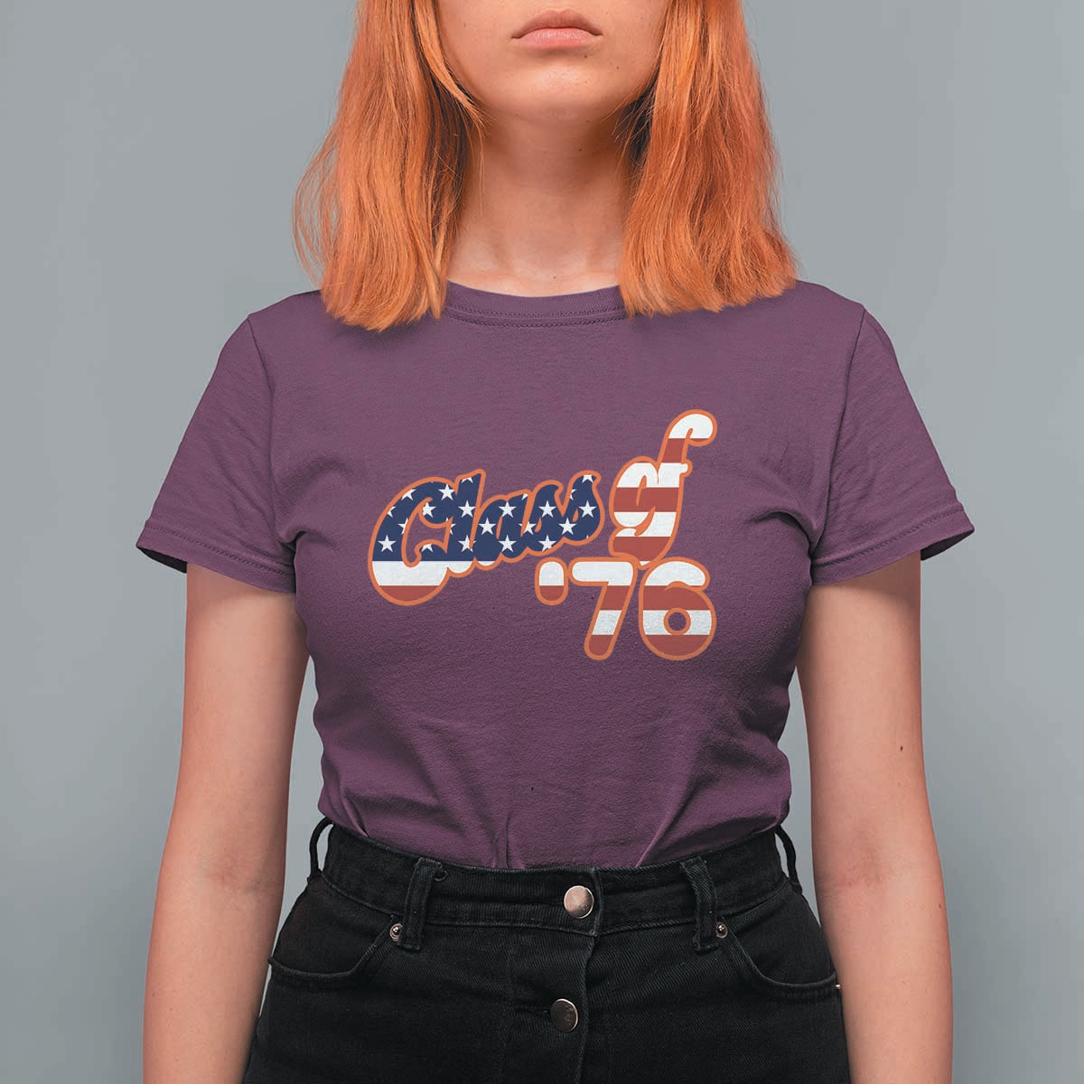 Patriotic Class of 76 Retro American Flag Script T Shirt For Women Graduation Birthday Milestone