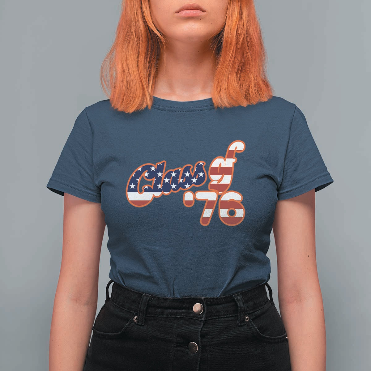 Patriotic Class of 76 Retro American Flag Script T Shirt For Women Graduation Birthday Milestone