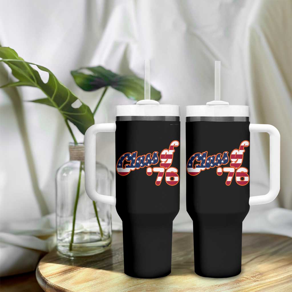 Patriotic Class of 76 Retro American Flag Script Tumbler With Handle Graduation Birthday Milestone