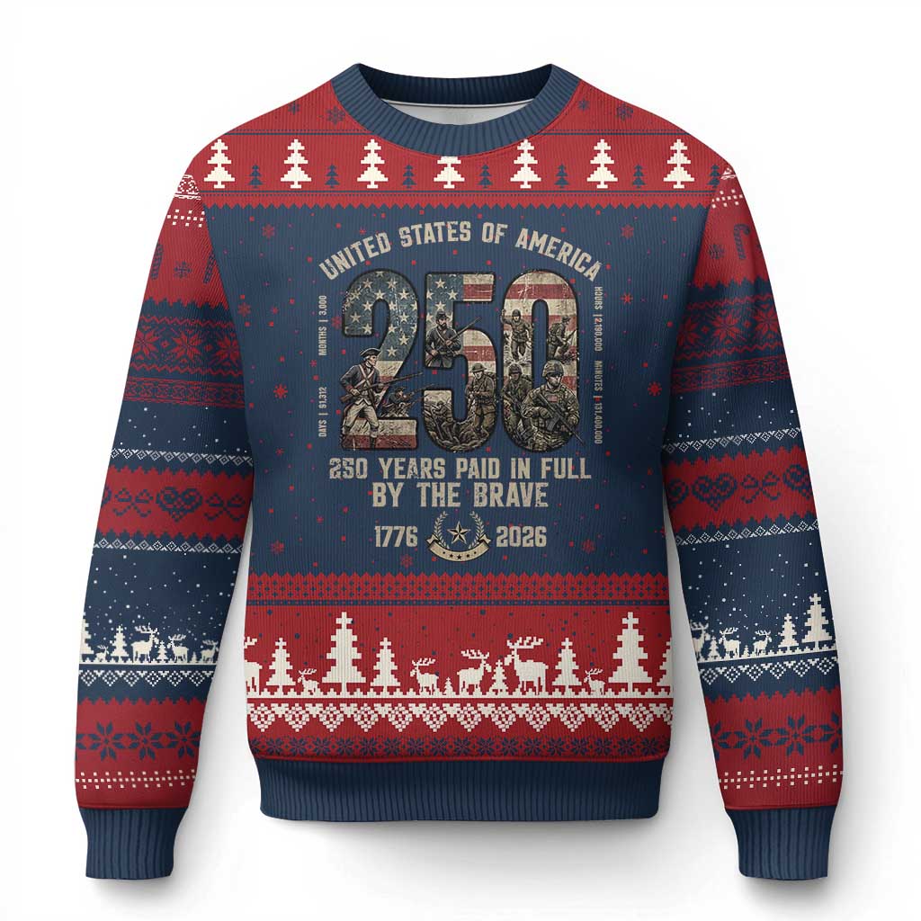 America 250 Years Paid In Full By The Brave Ugly Christmas Sweater Patriotic Military Remembrance USA Semiquincentennial