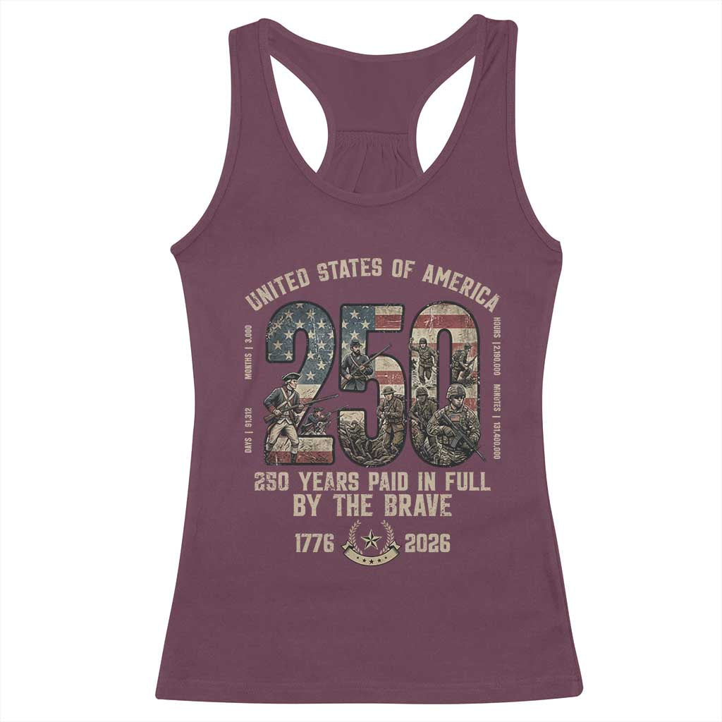 America 250 Years Paid In Full By The Brave Racerback Tank Top Patriotic Military Remembrance USA Semiquincentennial