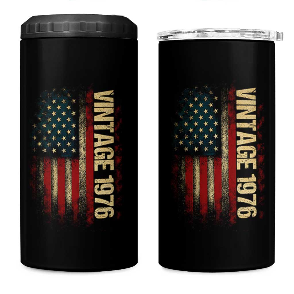 Vintage 1976 Distressed American Flag 4 in 1 Can Cooler Tumbler Patriotic 50th Birthday Graphic