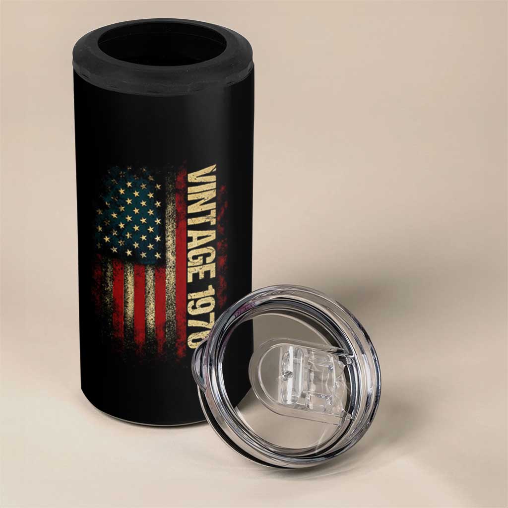 Vintage 1976 Distressed American Flag 4 in 1 Can Cooler Tumbler Patriotic 50th Birthday Graphic