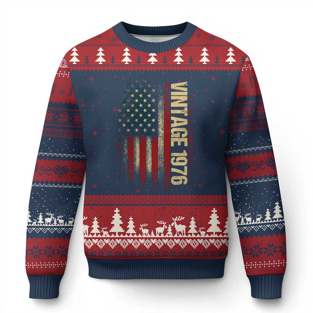 Vintage 1976 Distressed American Flag Ugly Christmas Sweater Patriotic 50th Birthday Graphic