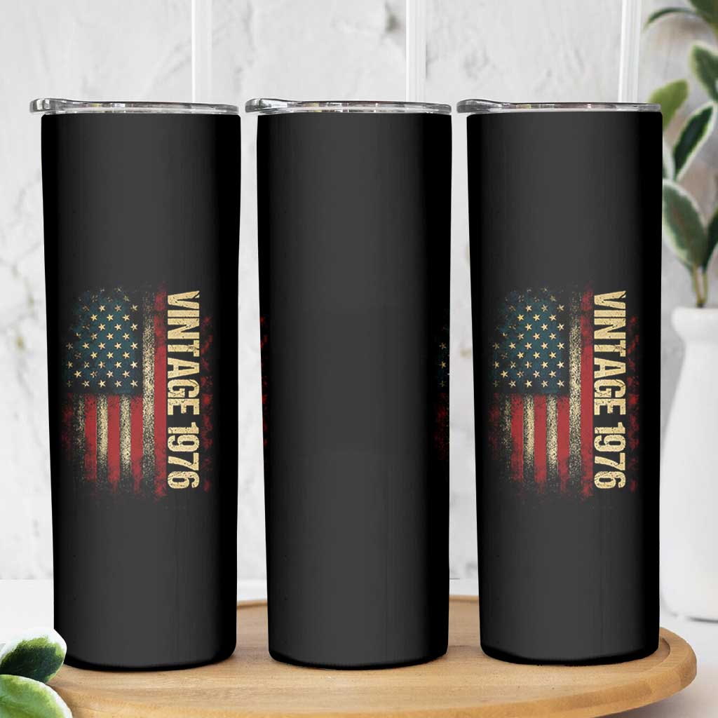 Vintage 1976 Distressed American Flag Skinny Tumbler Patriotic 50th Birthday Graphic