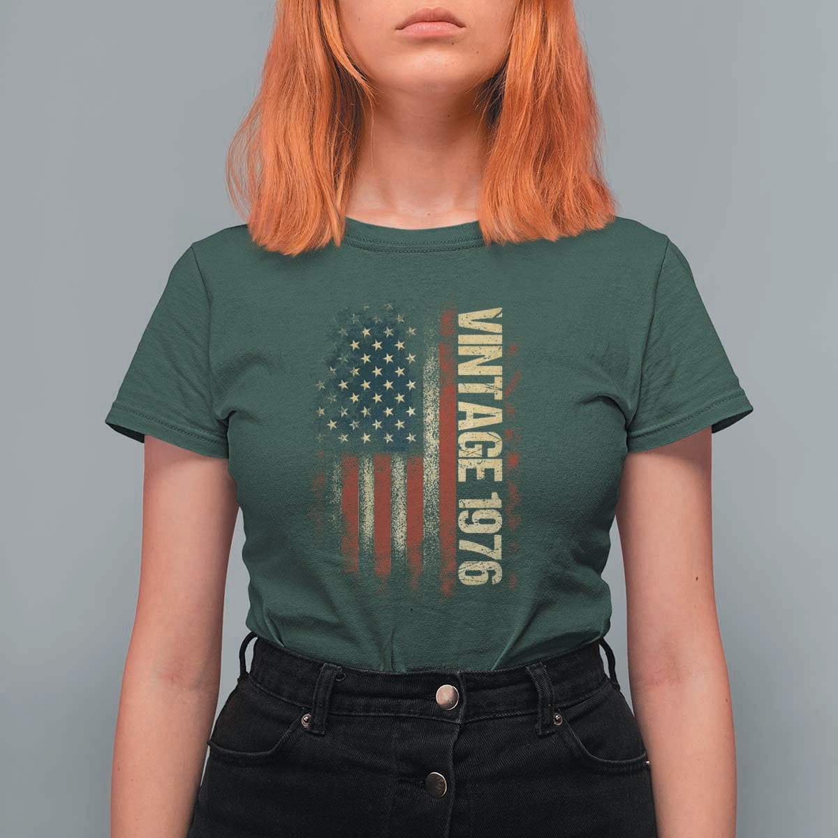 Vintage 1976 Distressed American Flag T Shirt For Women Patriotic 50th Birthday Graphic