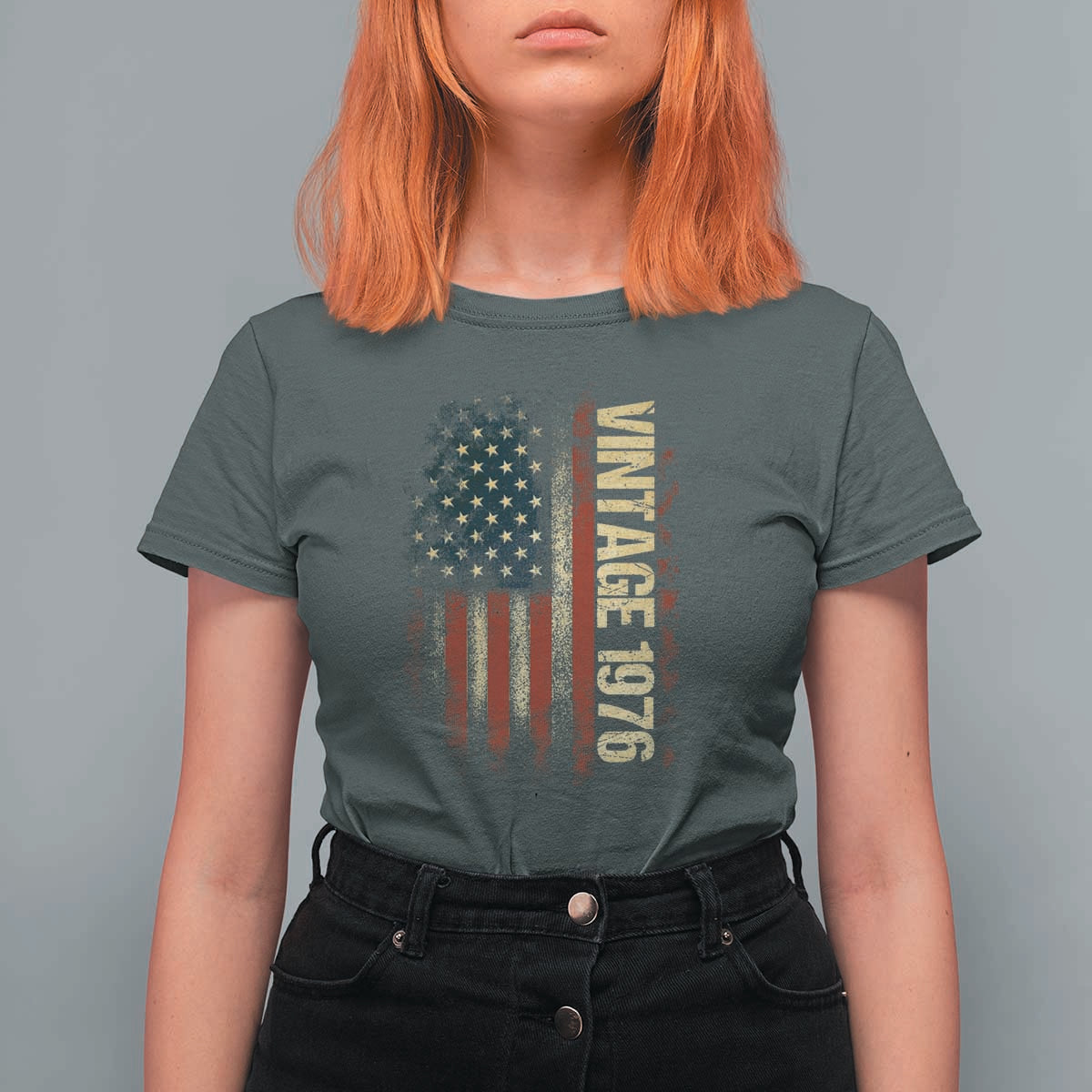 Vintage 1976 Distressed American Flag T Shirt For Women Patriotic 50th Birthday Graphic