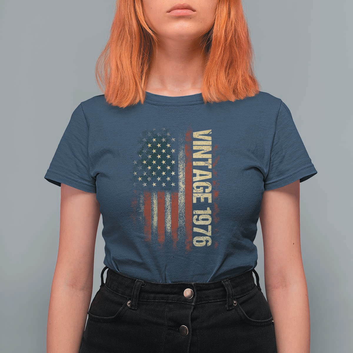 Vintage 1976 Distressed American Flag T Shirt For Women Patriotic 50th Birthday Graphic