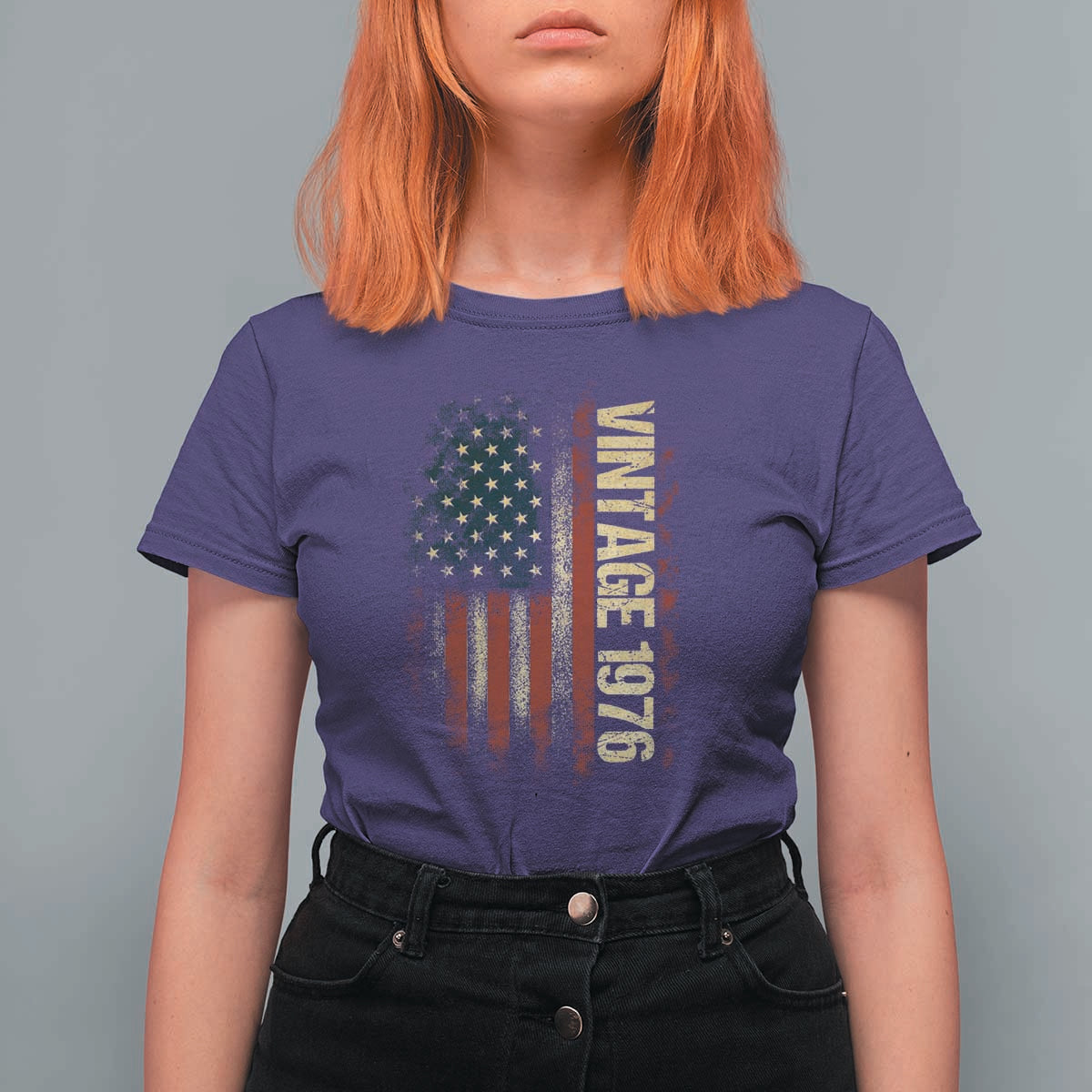 Vintage 1976 Distressed American Flag T Shirt For Women Patriotic 50th Birthday Graphic