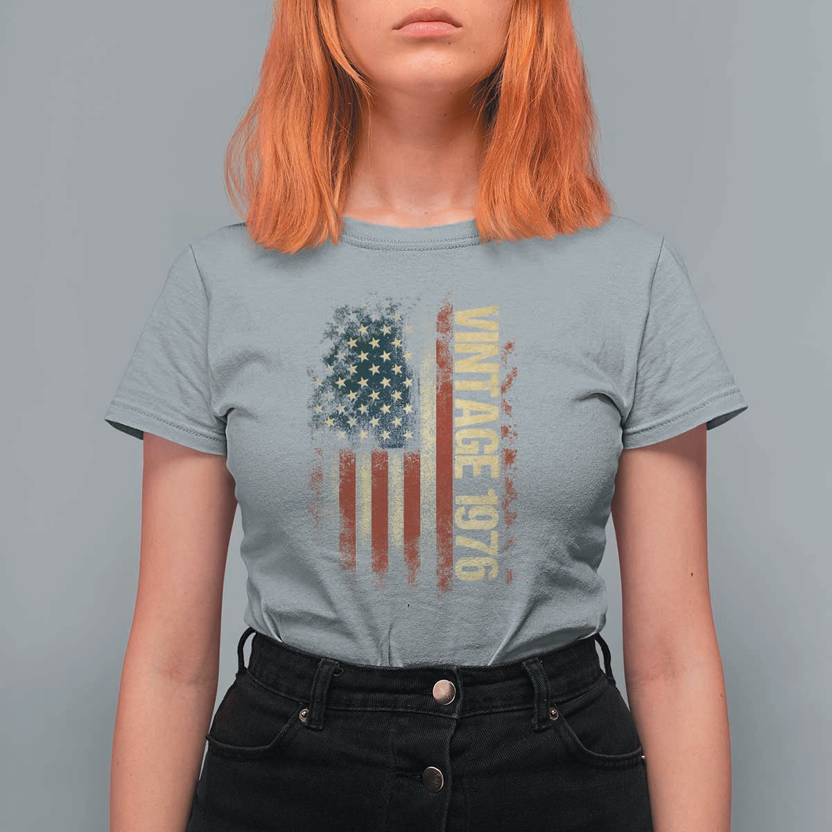 Vintage 1976 Distressed American Flag T Shirt For Women Patriotic 50th Birthday Graphic