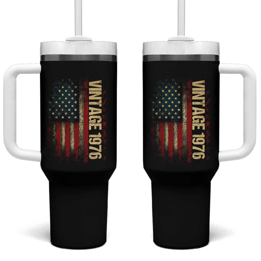 Vintage 1976 Distressed American Flag Tumbler With Handle Patriotic 50th Birthday Graphic