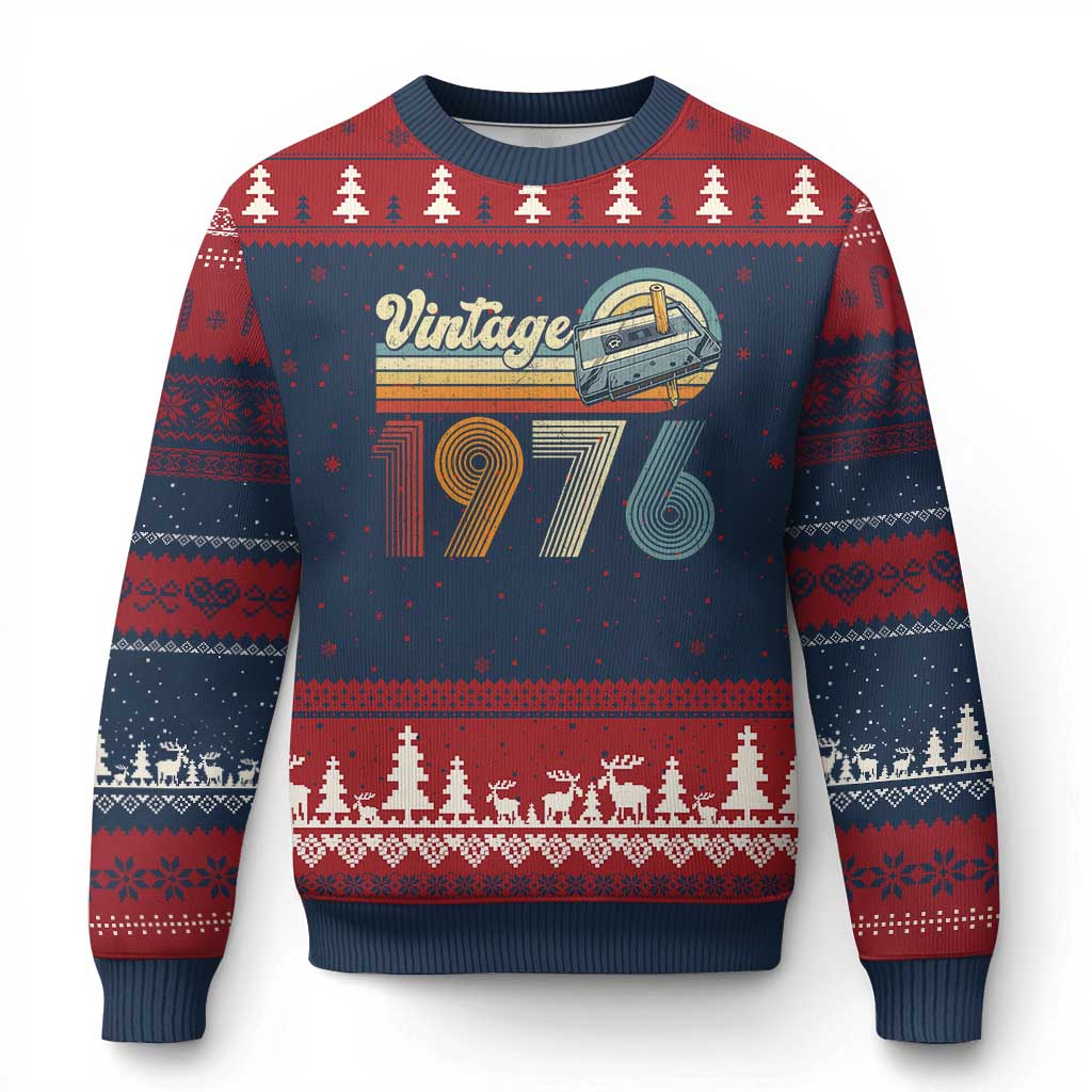 Vintage Sunset 1976 Retro Cassette Ugly Christmas Sweater Mechanical Dial Tech Nostalgia 50th Birthday