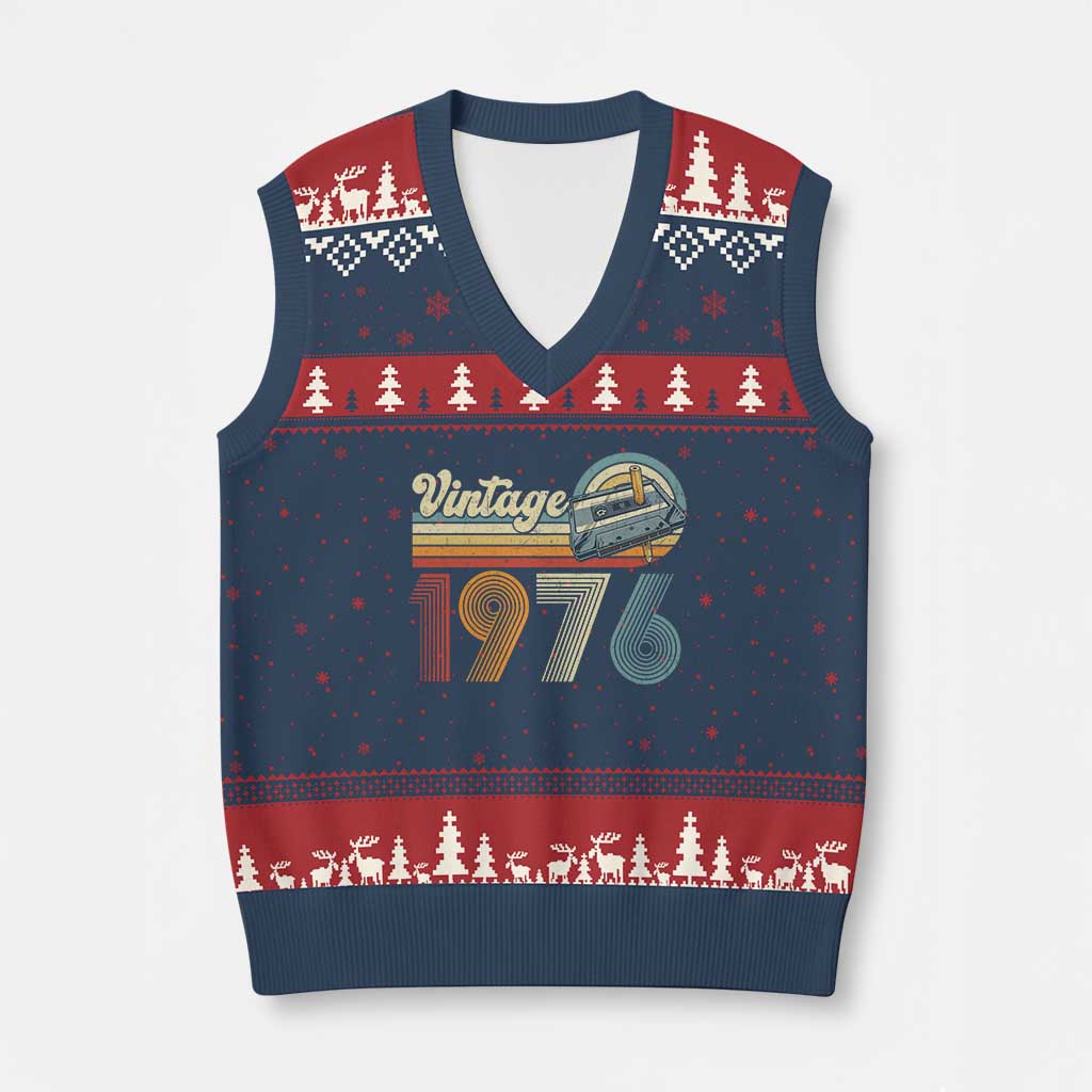 Vintage Sunset 1976 Retro Cassette V-Neck Knit Sweater Vest Mechanical Dial Tech Nostalgia 50th Birthday