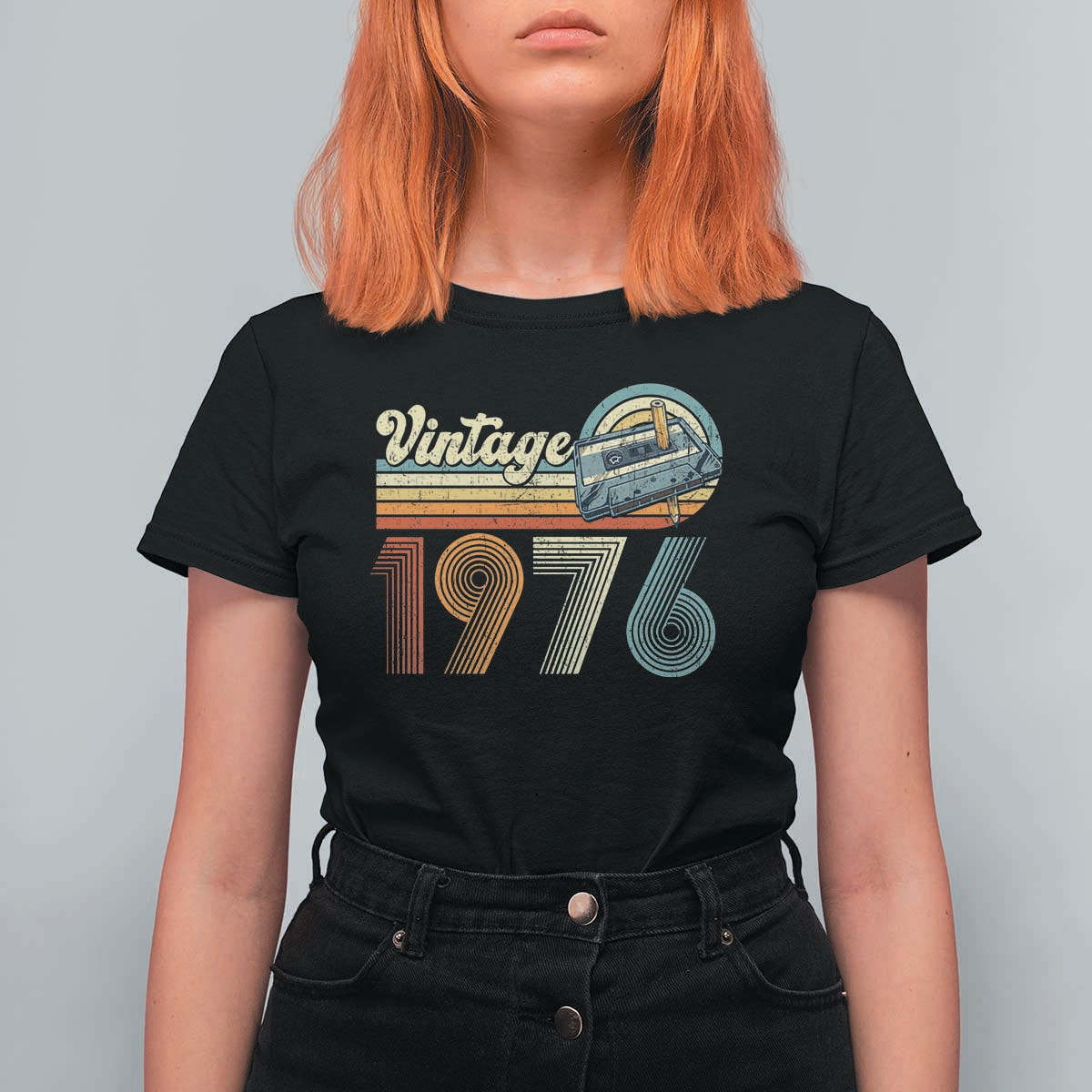 Vintage Sunset 1976 Retro Cassette T Shirt For Women Mechanical Dial Tech Nostalgia 50th Birthday