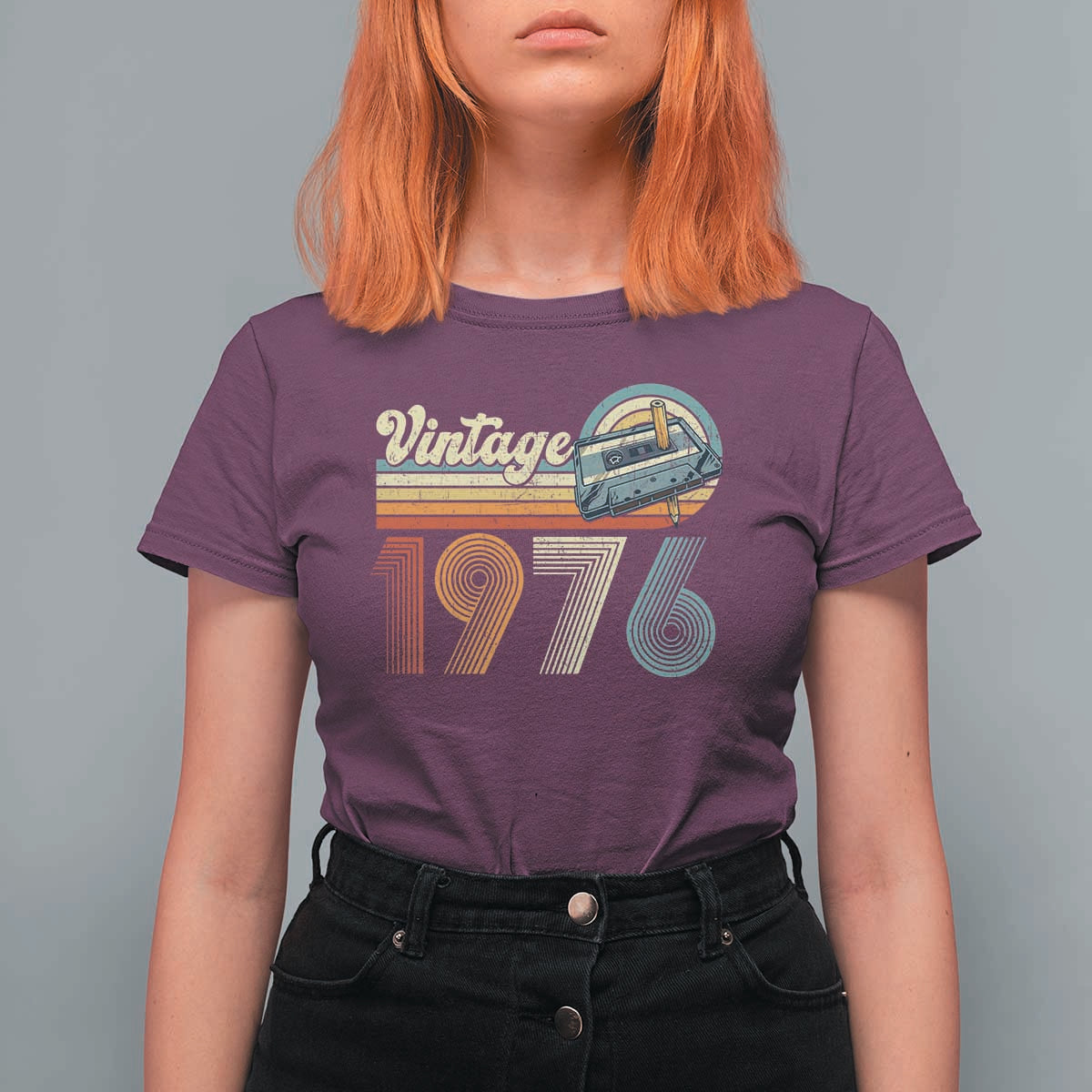 Vintage Sunset 1976 Retro Cassette T Shirt For Women Mechanical Dial Tech Nostalgia 50th Birthday