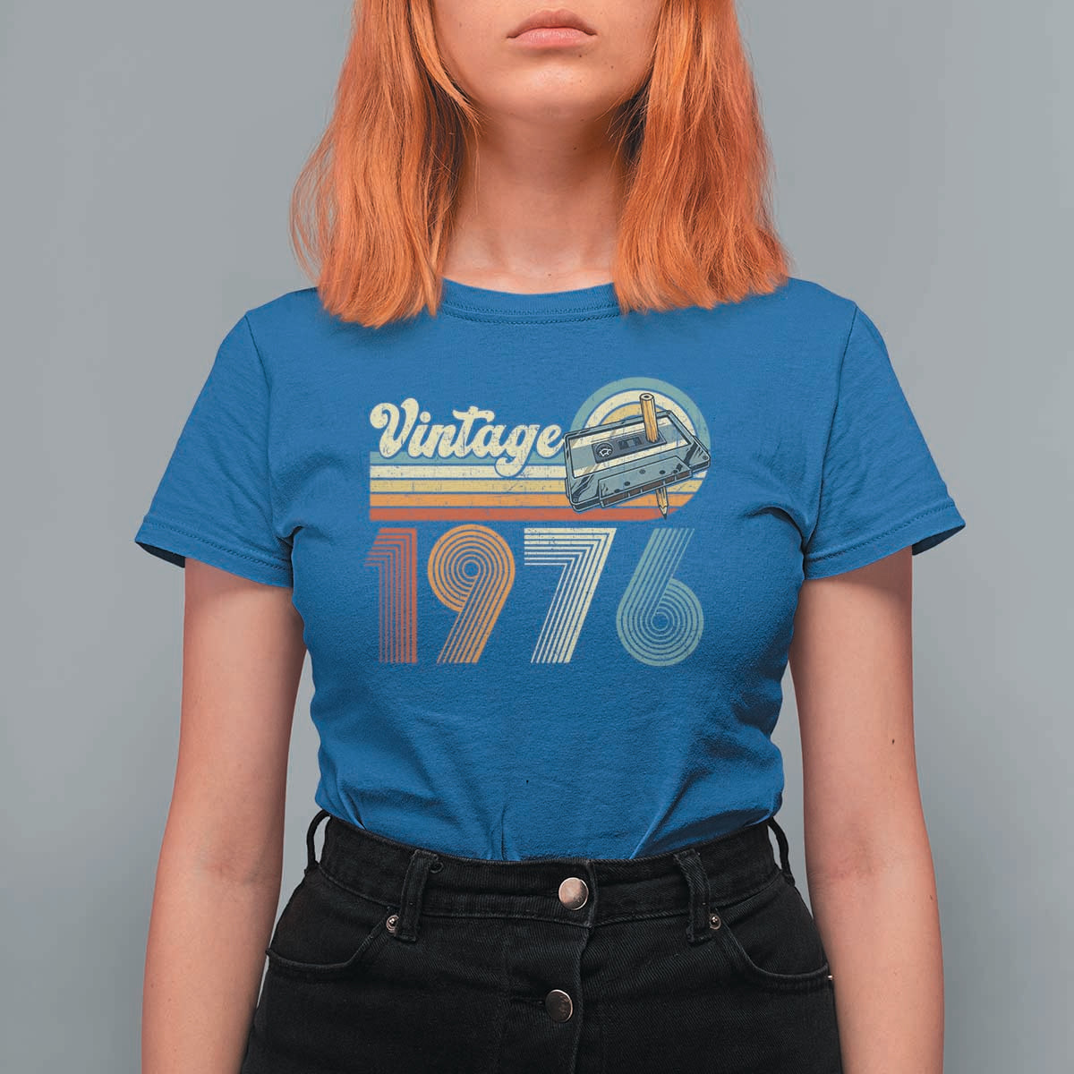 Vintage Sunset 1976 Retro Cassette T Shirt For Women Mechanical Dial Tech Nostalgia 50th Birthday
