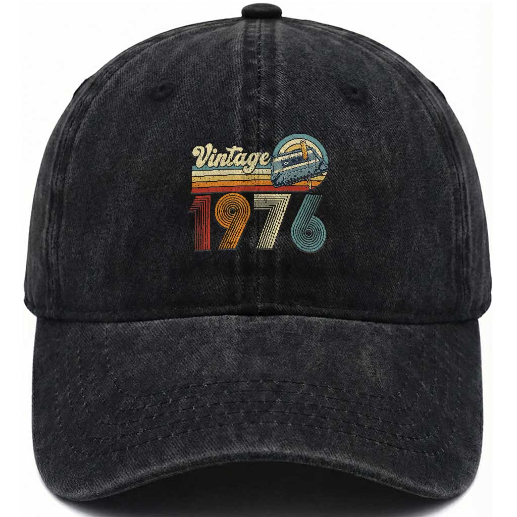 Vintage Sunset 1976 Retro Cassette Washed Cotton Baseball Cap Mechanical Dial Tech Nostalgia 50th Birthday