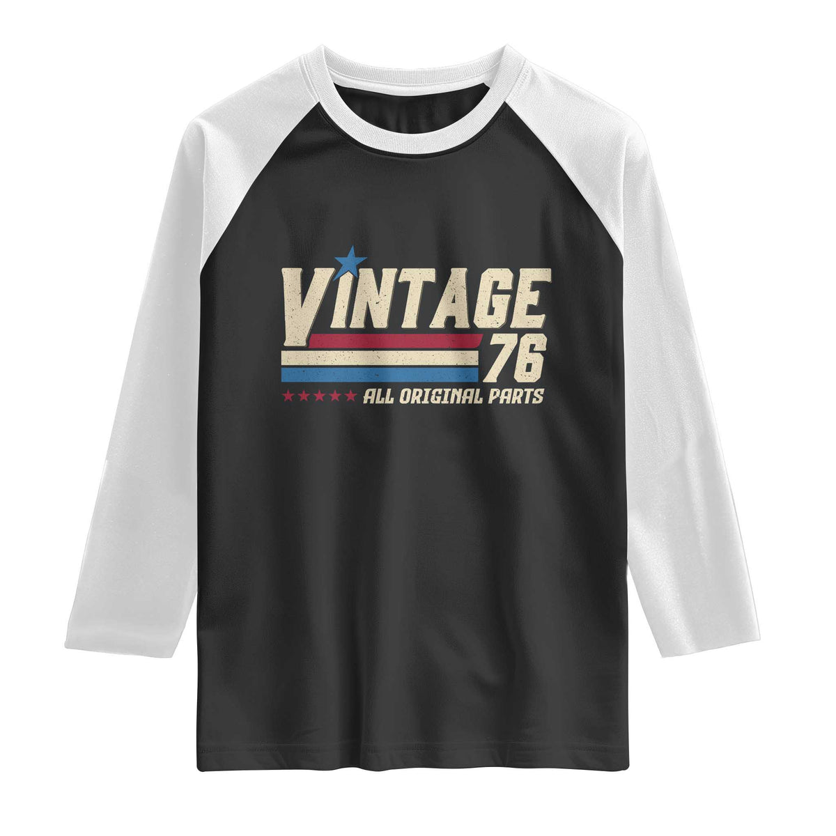 Vintage 76 All Original Parts Raglan Shirt Retro Stripe Patriotic 50th Birthday