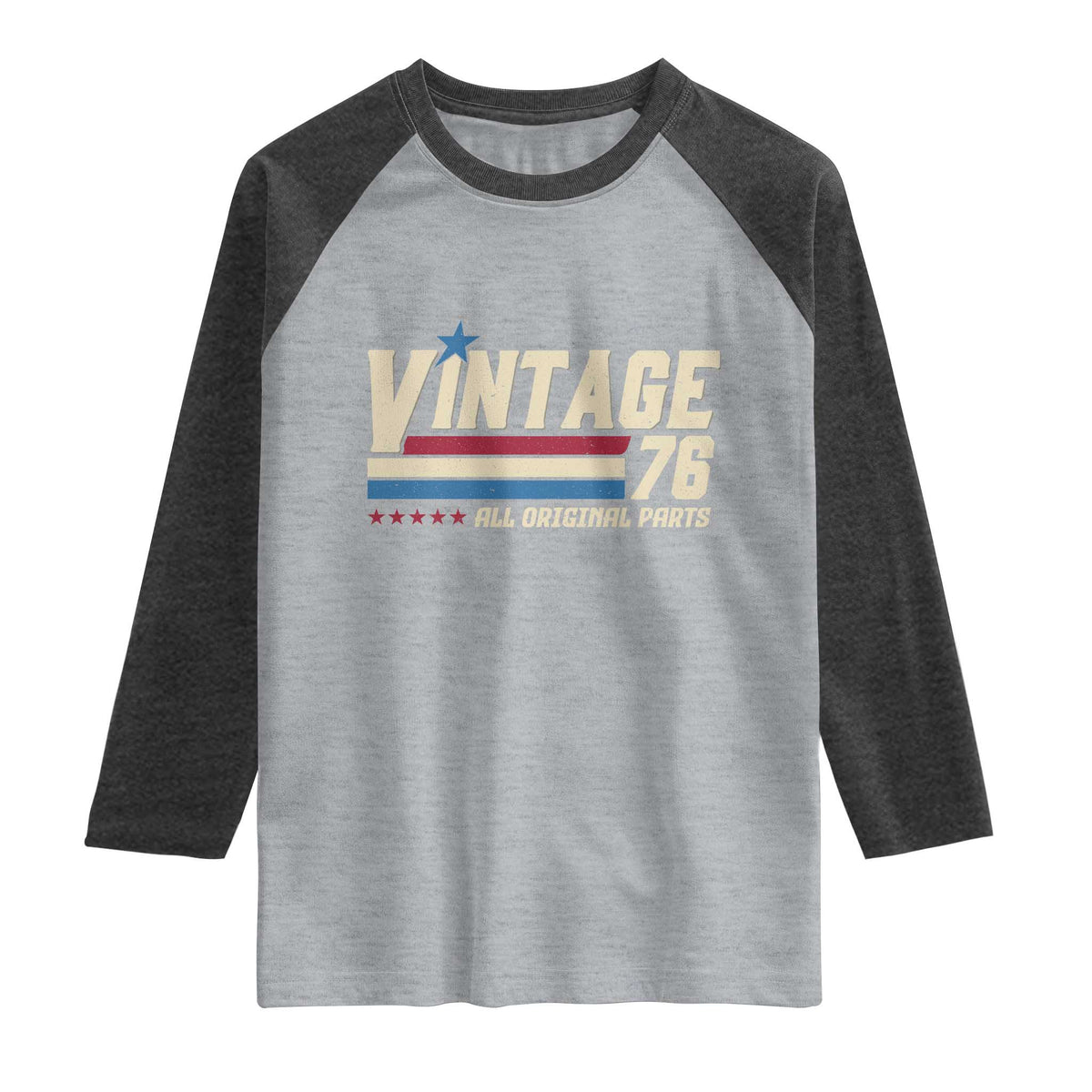 Vintage 76 All Original Parts Raglan Shirt Retro Stripe Patriotic 50th Birthday