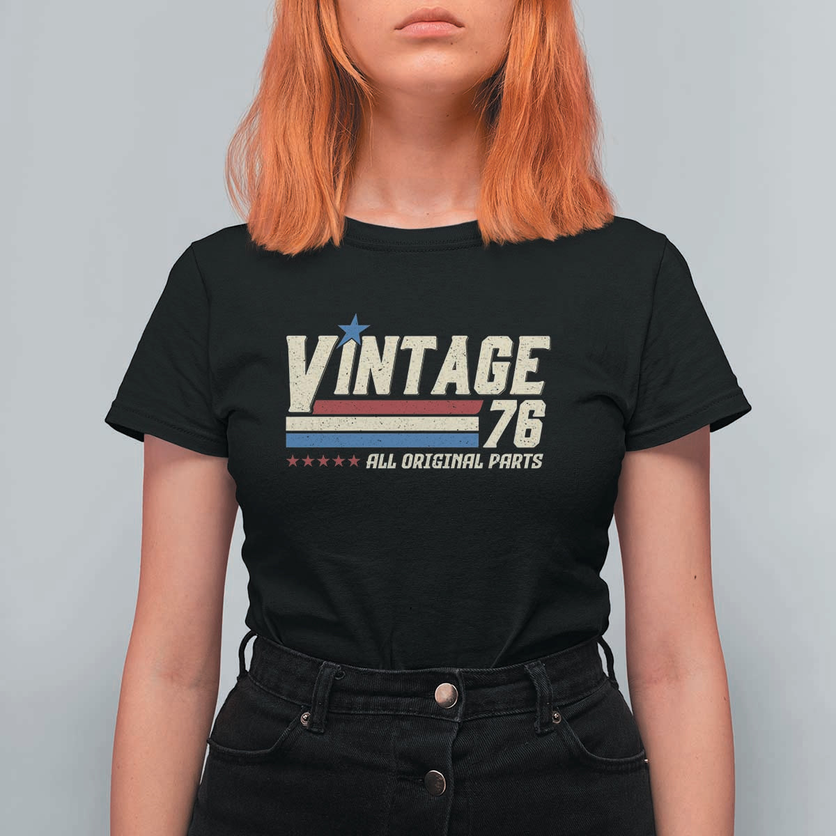 Vintage 76 All Original Parts T Shirt For Women Retro Stripe Patriotic 50th Birthday