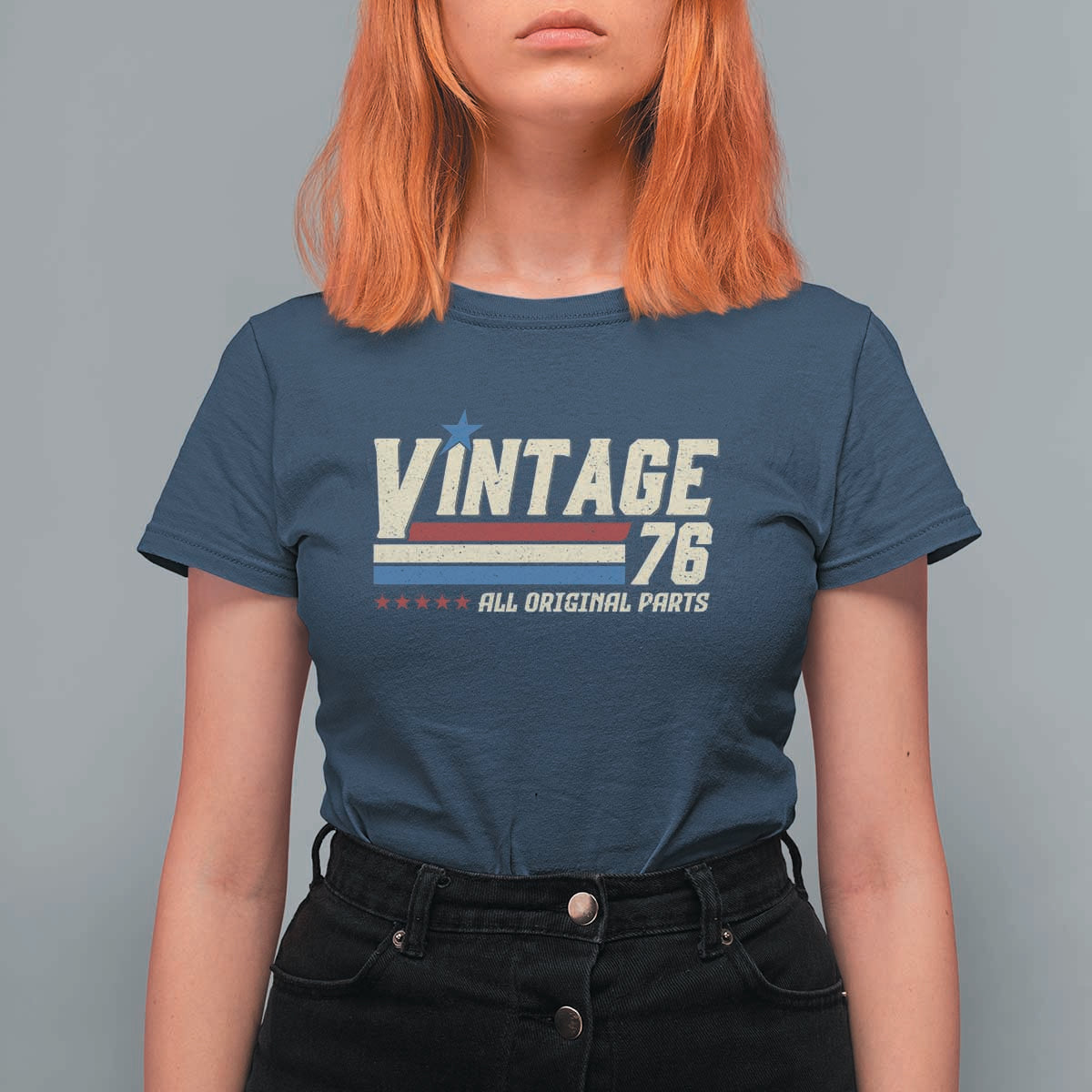 Vintage 76 All Original Parts T Shirt For Women Retro Stripe Patriotic 50th Birthday