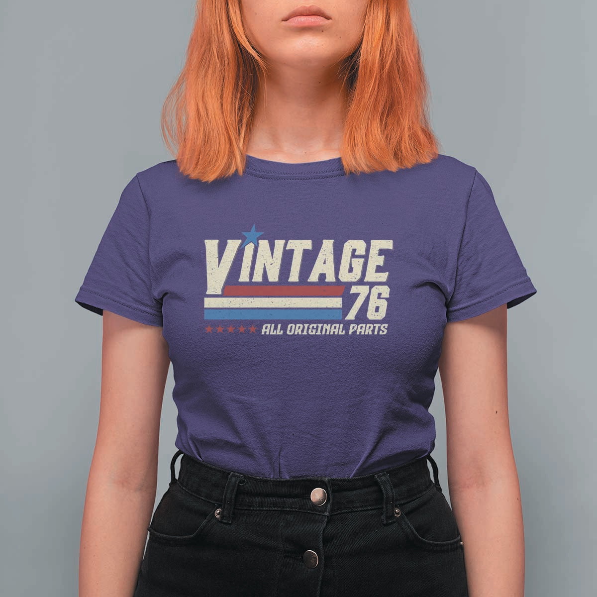 Vintage 76 All Original Parts T Shirt For Women Retro Stripe Patriotic 50th Birthday