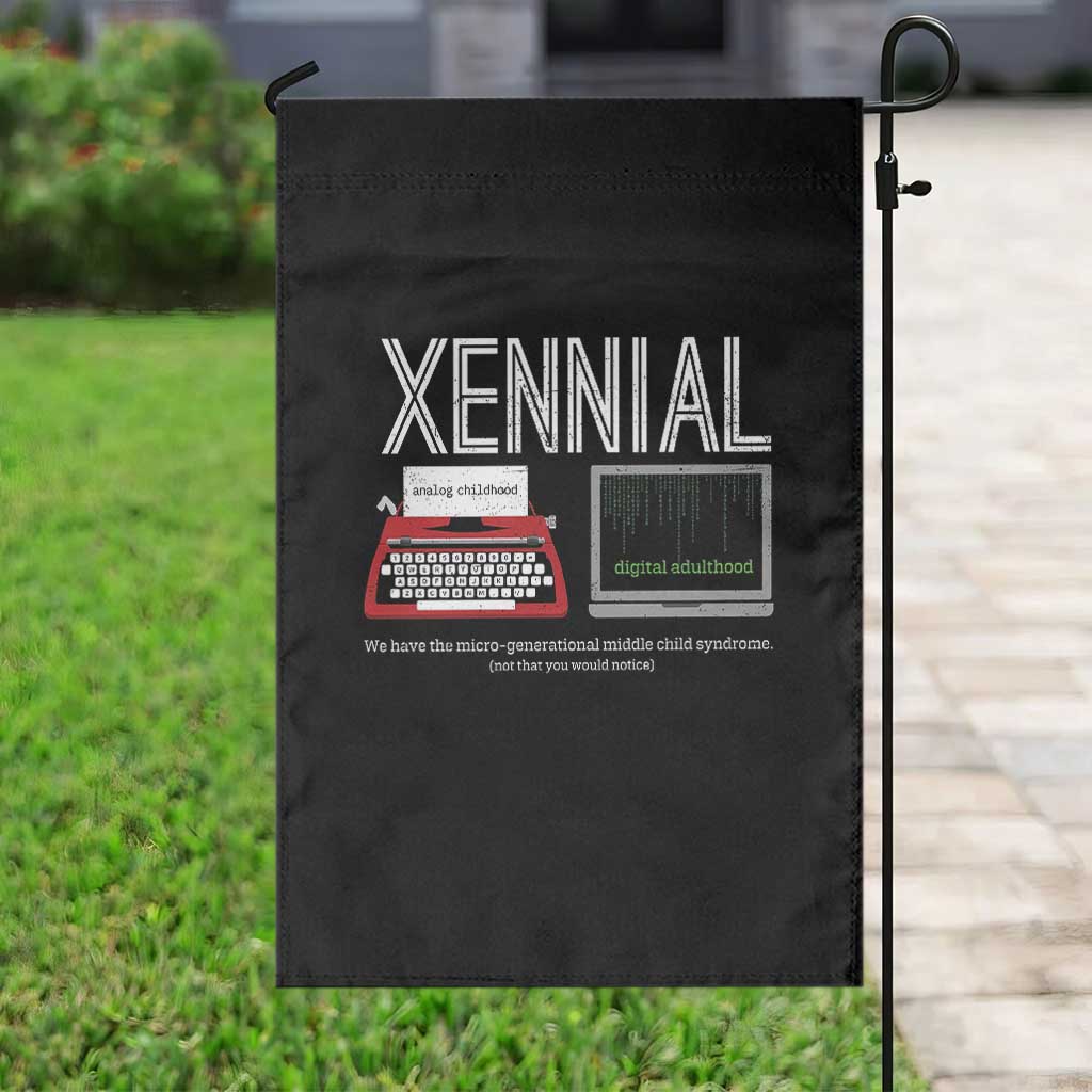 Xennial Typewriter and Computer Screen Garden Flag Analog Childhood Digital Adulthood