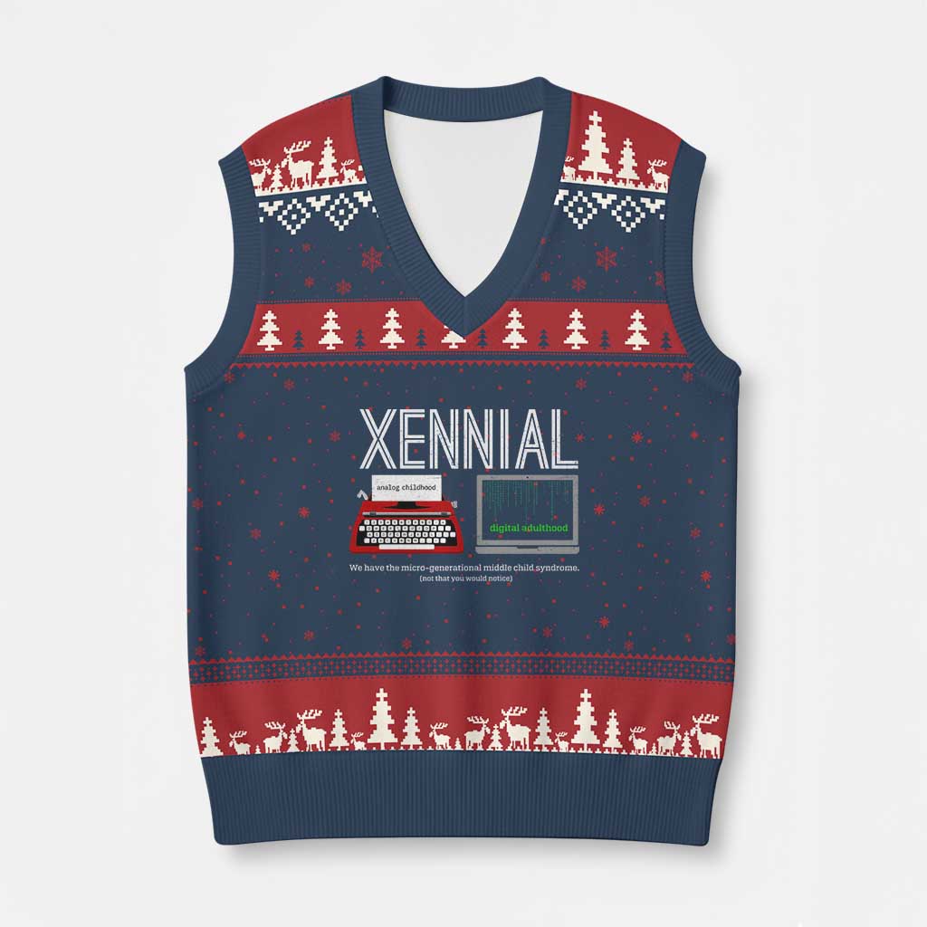 Xennial Typewriter and Computer Screen V-Neck Knit Sweater Vest Analog Childhood Digital Adulthood