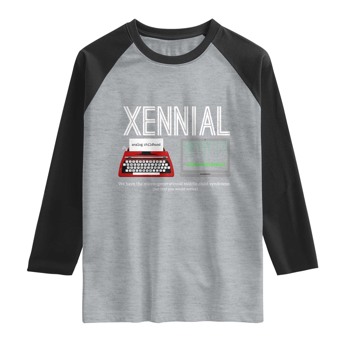 Xennial Typewriter and Computer Screen Raglan Shirt Analog Childhood Digital Adulthood