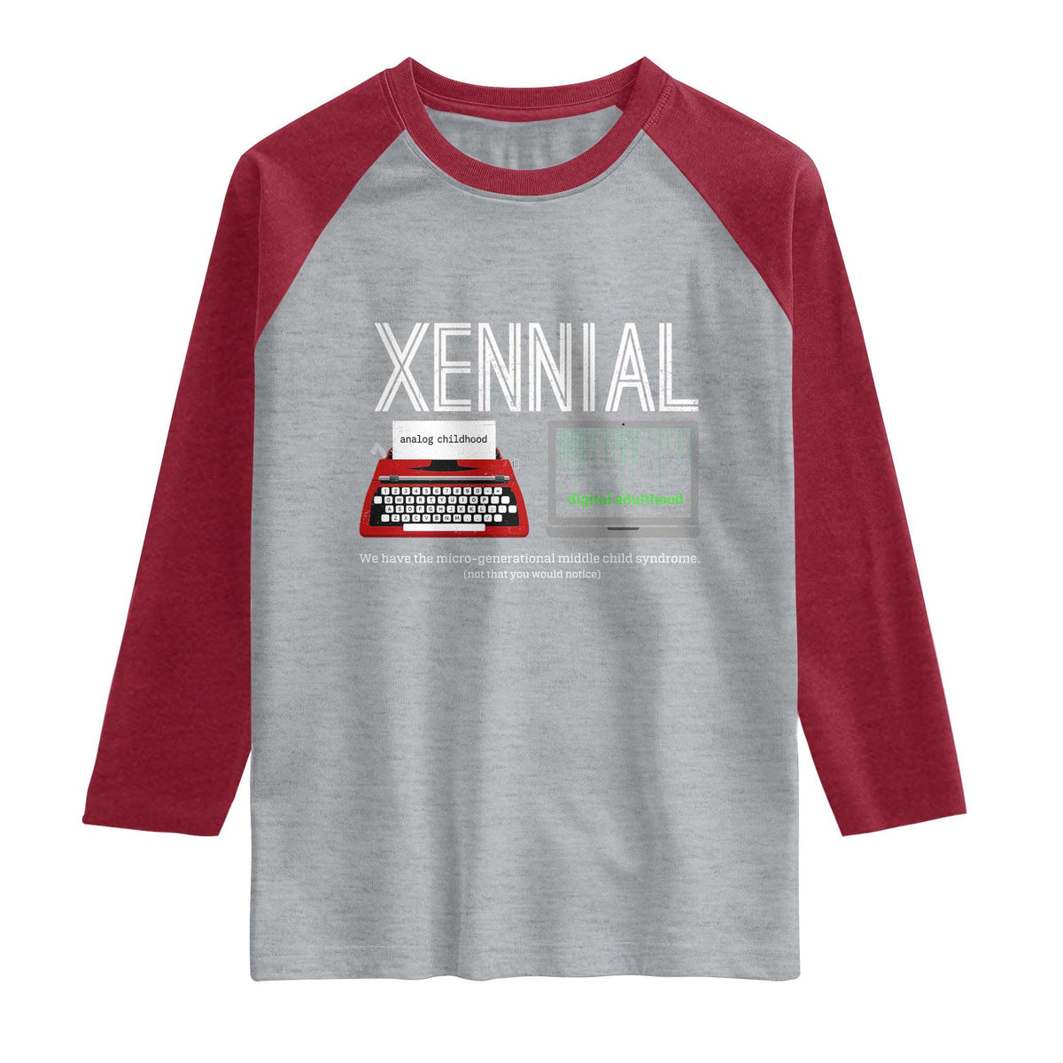 Xennial Typewriter and Computer Screen Raglan Shirt Analog Childhood Digital Adulthood