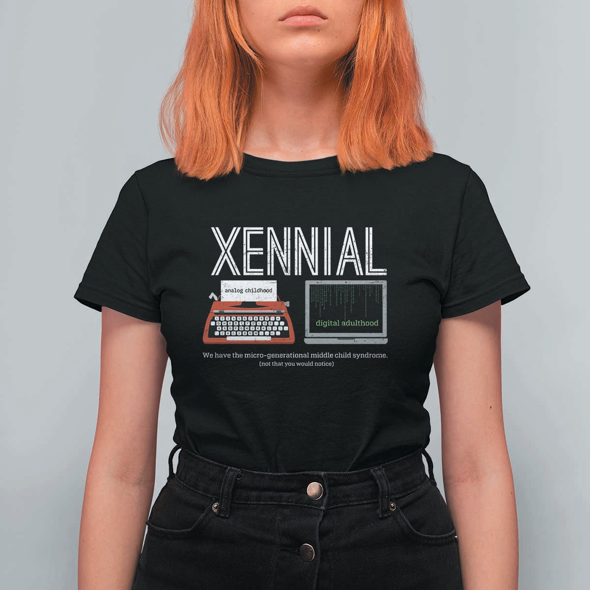 Xennial Typewriter and Computer Screen T Shirt For Women Analog Childhood Digital Adulthood