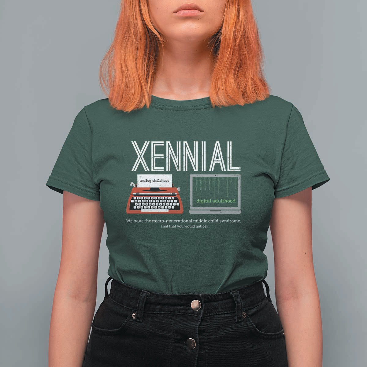 Xennial Typewriter and Computer Screen T Shirt For Women Analog Childhood Digital Adulthood