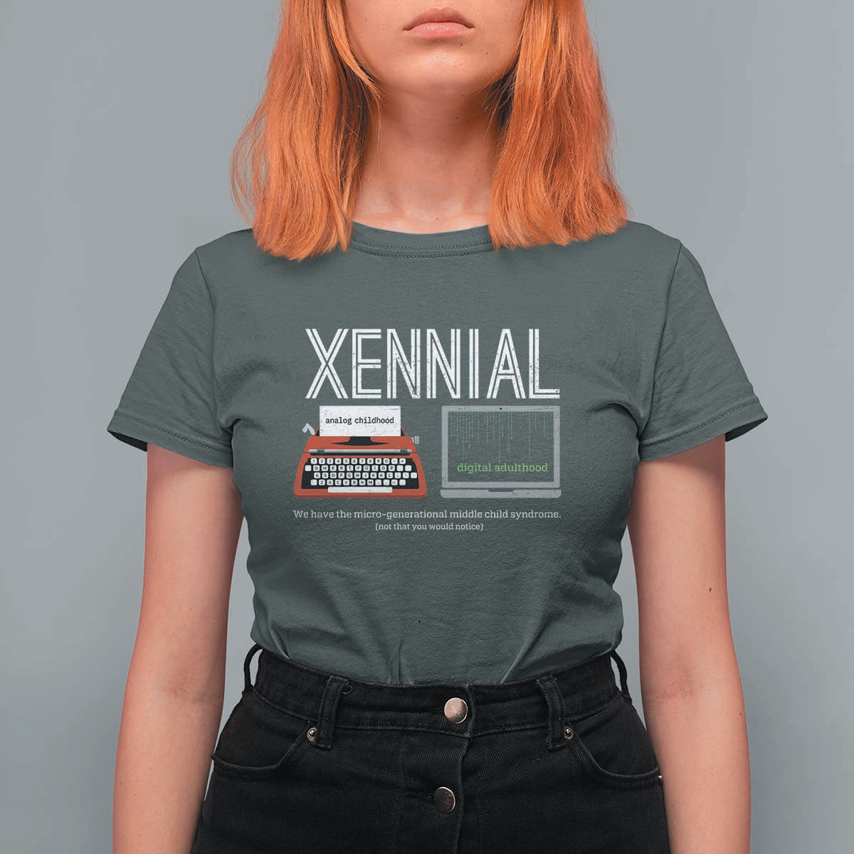 Xennial Typewriter and Computer Screen T Shirt For Women Analog Childhood Digital Adulthood