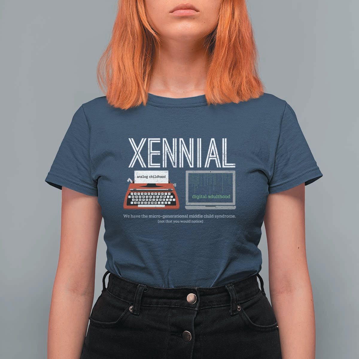 Xennial Typewriter and Computer Screen T Shirt For Women Analog Childhood Digital Adulthood