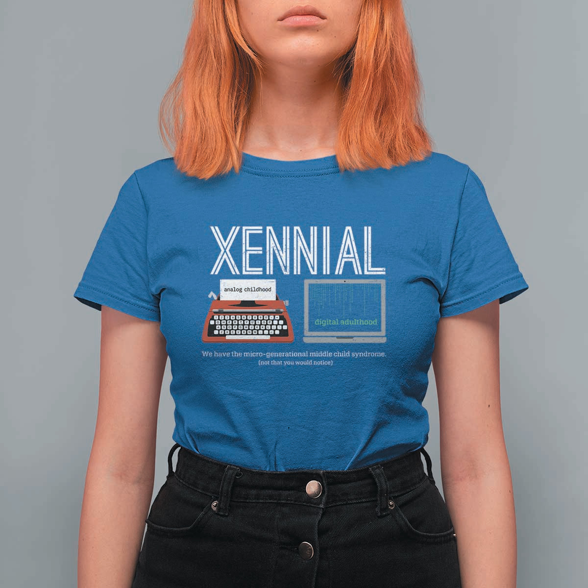 Xennial Typewriter and Computer Screen T Shirt For Women Analog Childhood Digital Adulthood