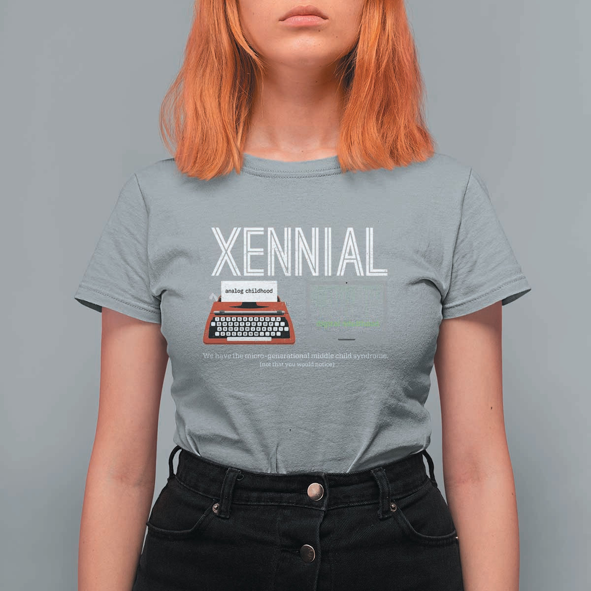 Xennial Typewriter and Computer Screen T Shirt For Women Analog Childhood Digital Adulthood