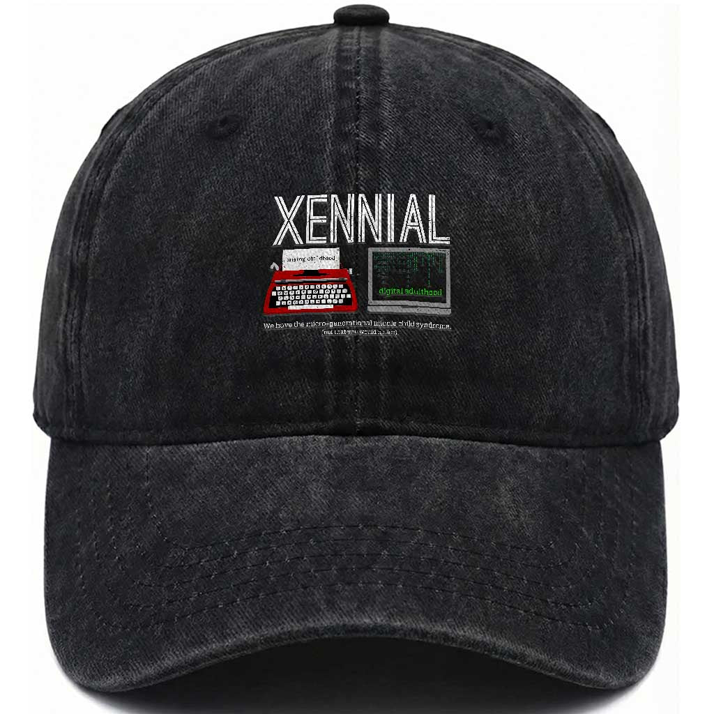 Xennial Typewriter and Computer Screen Washed Cotton Baseball Cap Analog Childhood Digital Adulthood