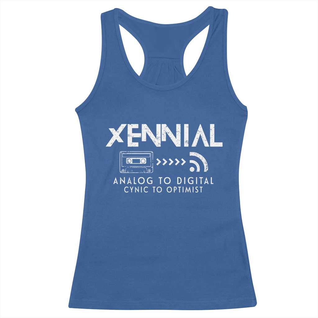 Funny Xennial Analog To Digital Racerback Tank Top Cassette Tape to Internet Cynic to Optimist