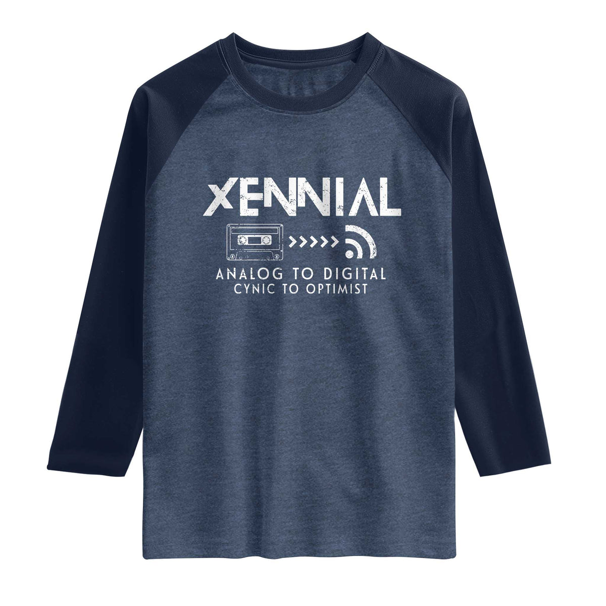 Funny Xennial Analog To Digital Raglan Shirt Cassette Tape to Internet Cynic to Optimist