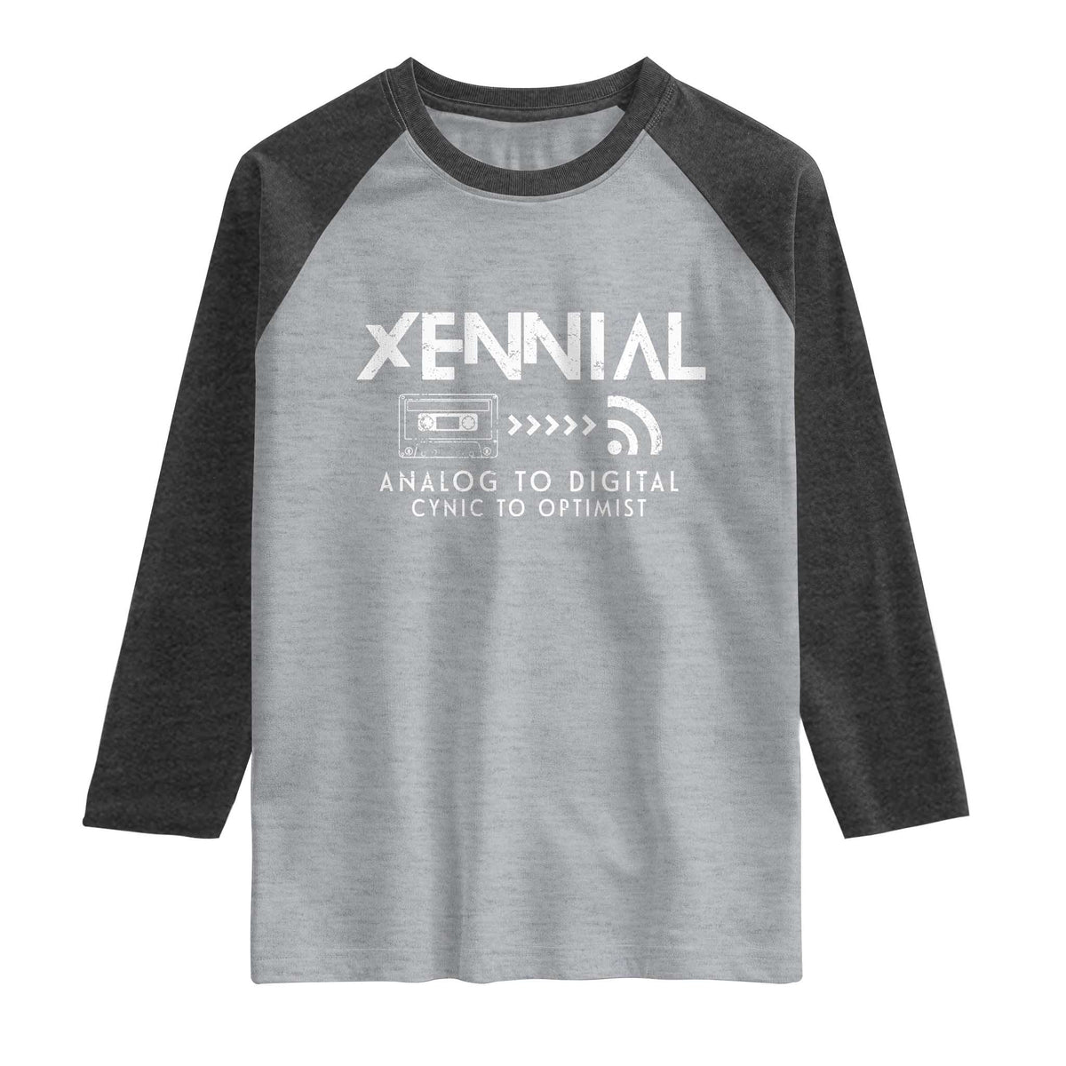 Funny Xennial Analog To Digital Raglan Shirt Cassette Tape to Internet Cynic to Optimist