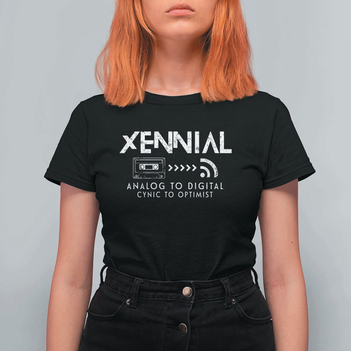 Funny Xennial Analog To Digital T Shirt For Women Cassette Tape to Internet Cynic to Optimist