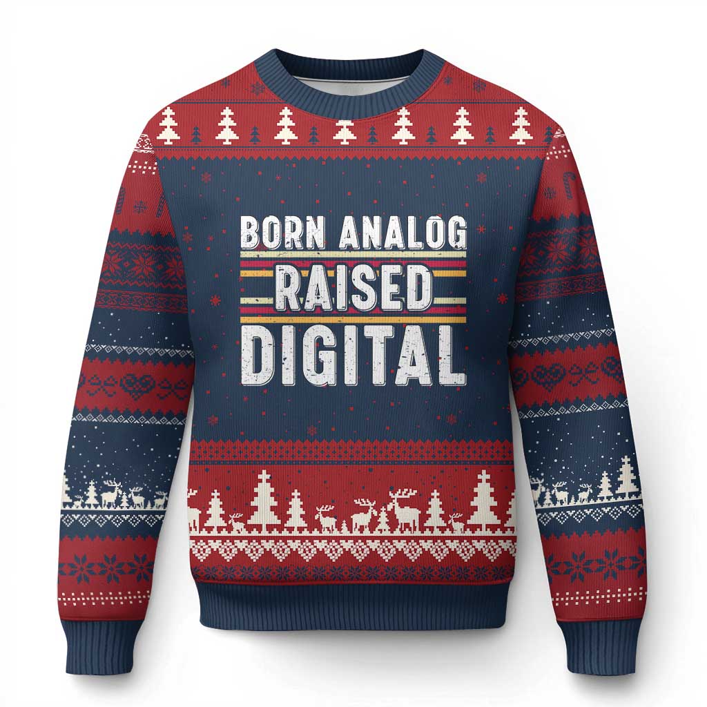 Born Analog Raised Digital Ugly Christmas Sweater Vintage Sunset Retro Tech Graphic