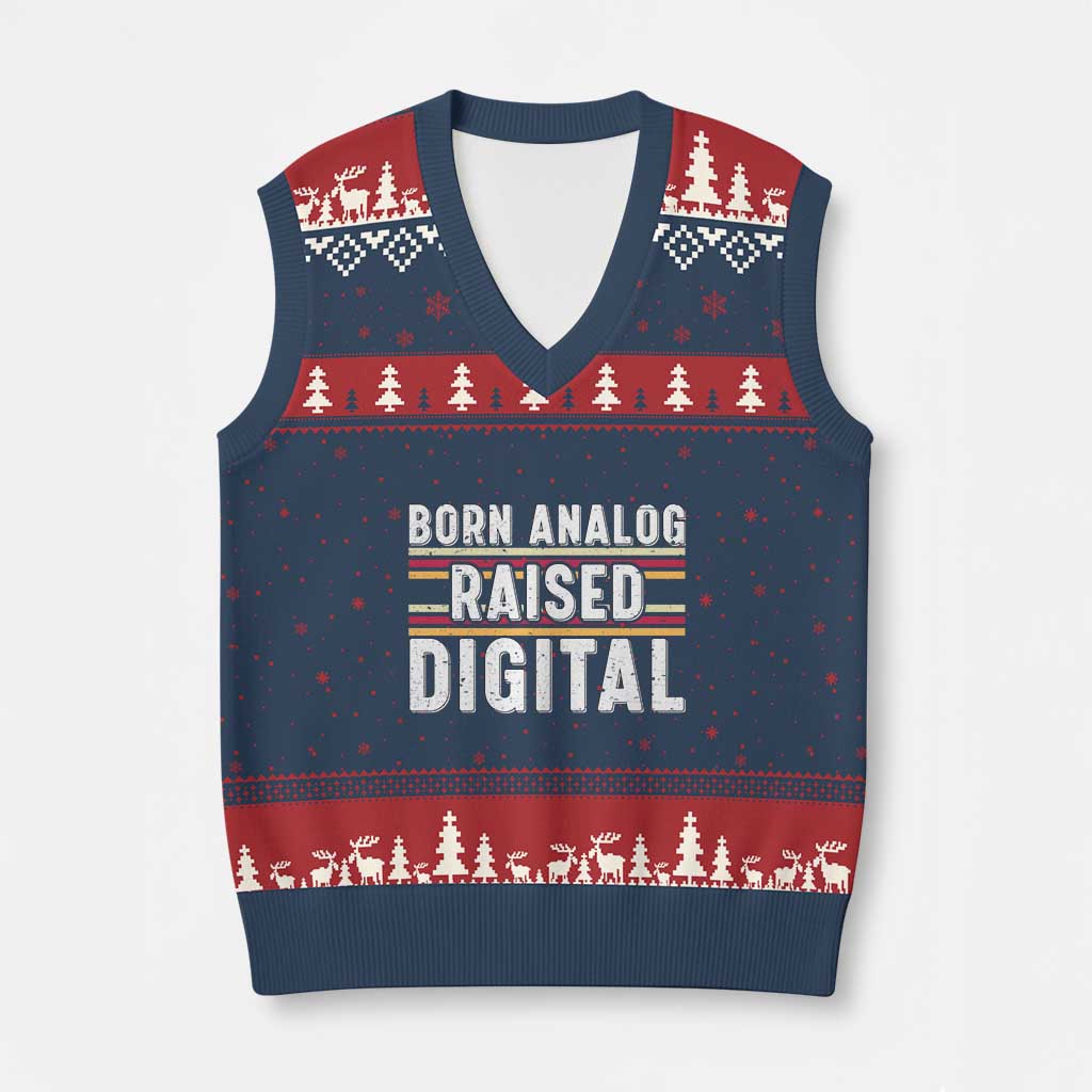 Born Analog Raised Digital V-Neck Knit Sweater Vest Vintage Sunset Retro Tech Graphic
