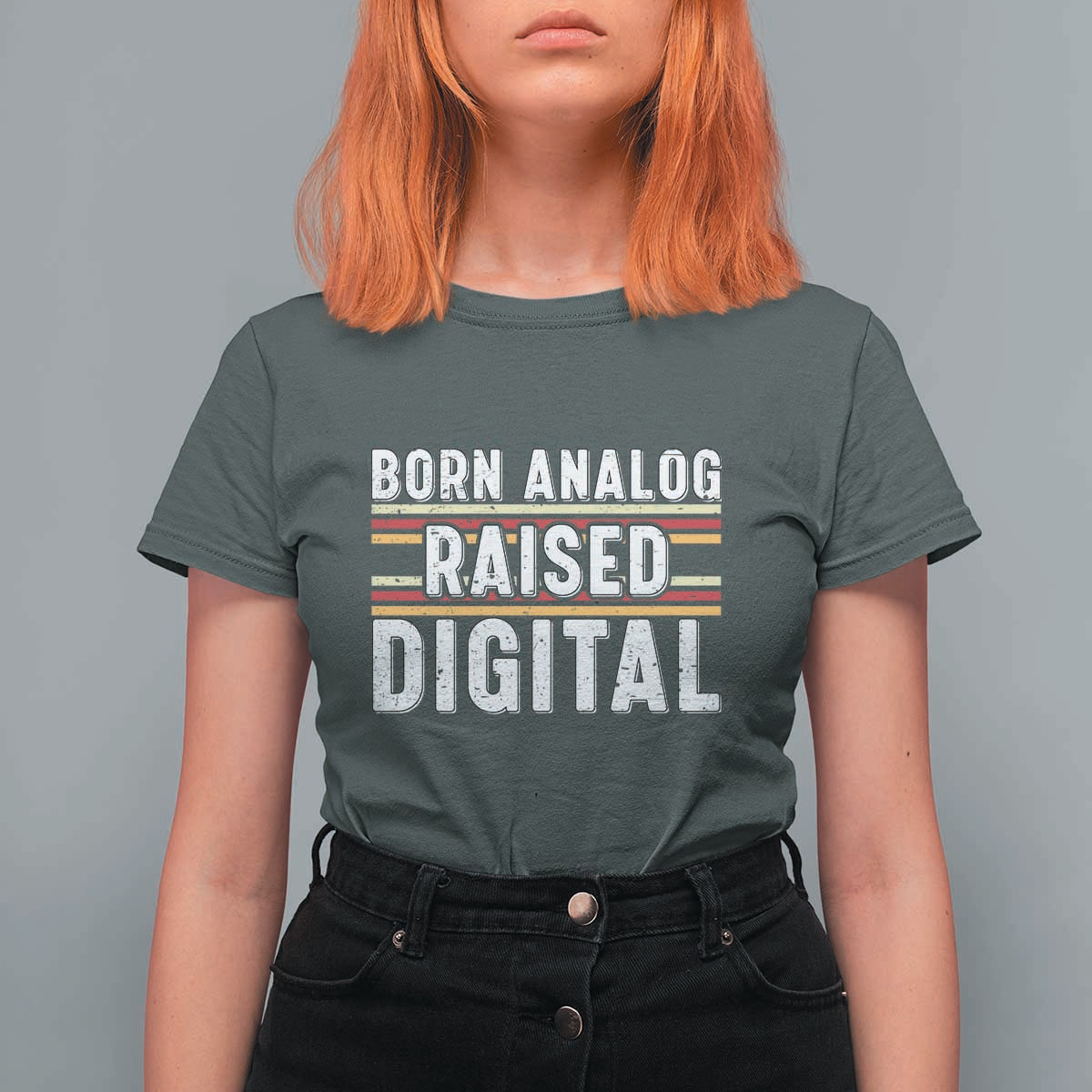 Born Analog Raised Digital T Shirt For Women Vintage Sunset Retro Tech Graphic