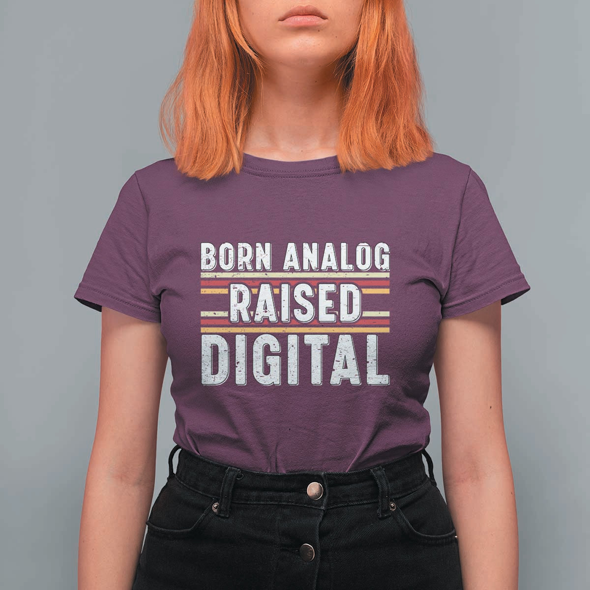 Born Analog Raised Digital T Shirt For Women Vintage Sunset Retro Tech Graphic