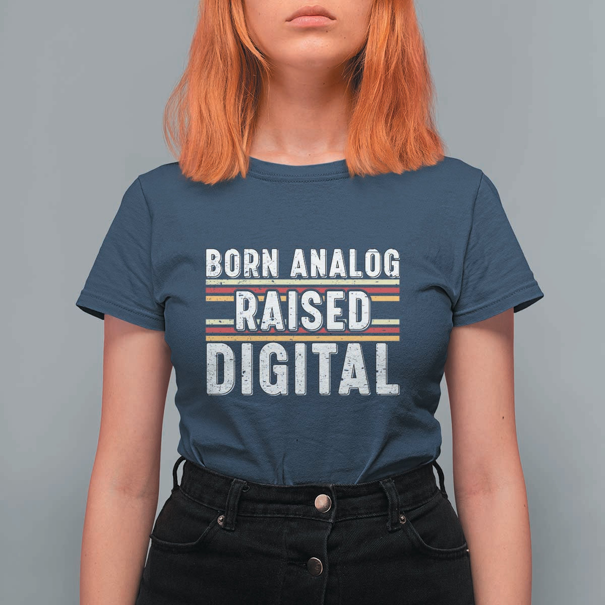 Born Analog Raised Digital T Shirt For Women Vintage Sunset Retro Tech Graphic