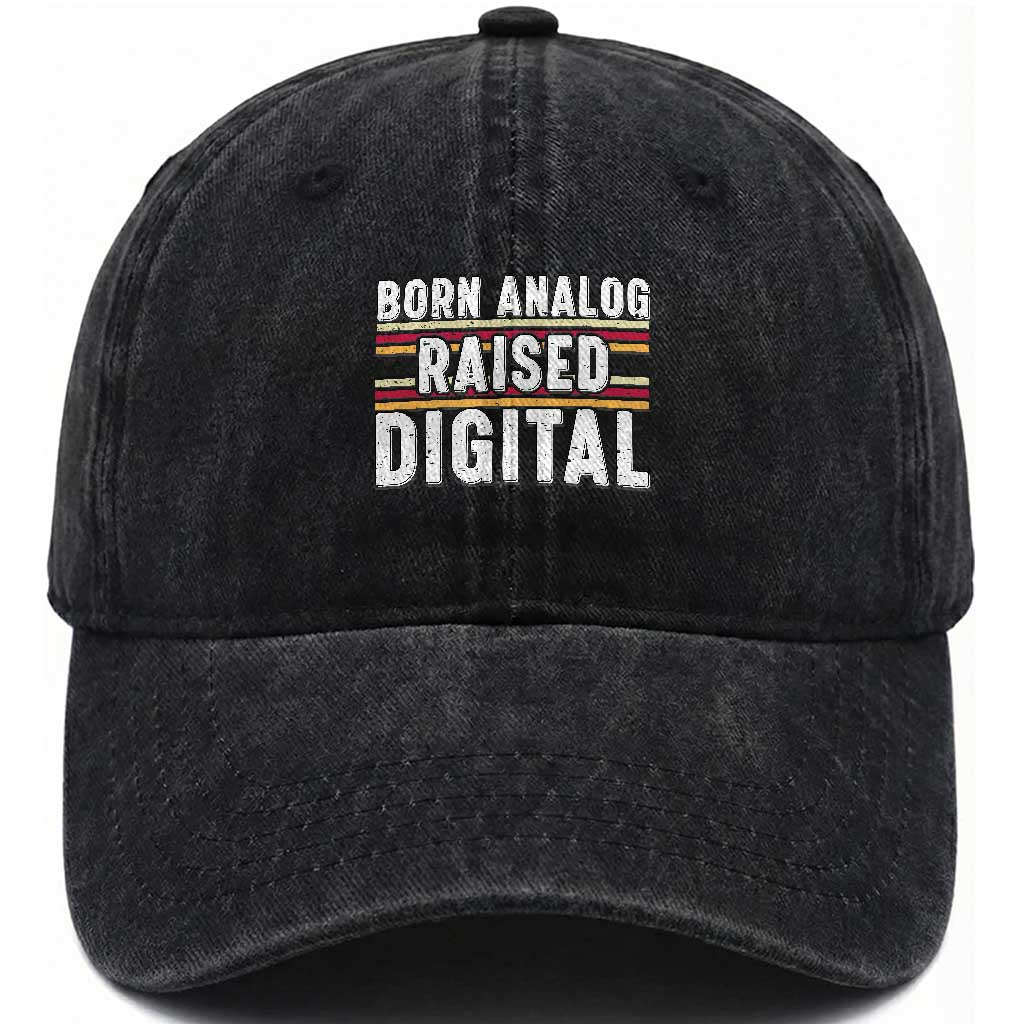 Born Analog Raised Digital Washed Cotton Baseball Cap Vintage Sunset Retro Tech Graphic