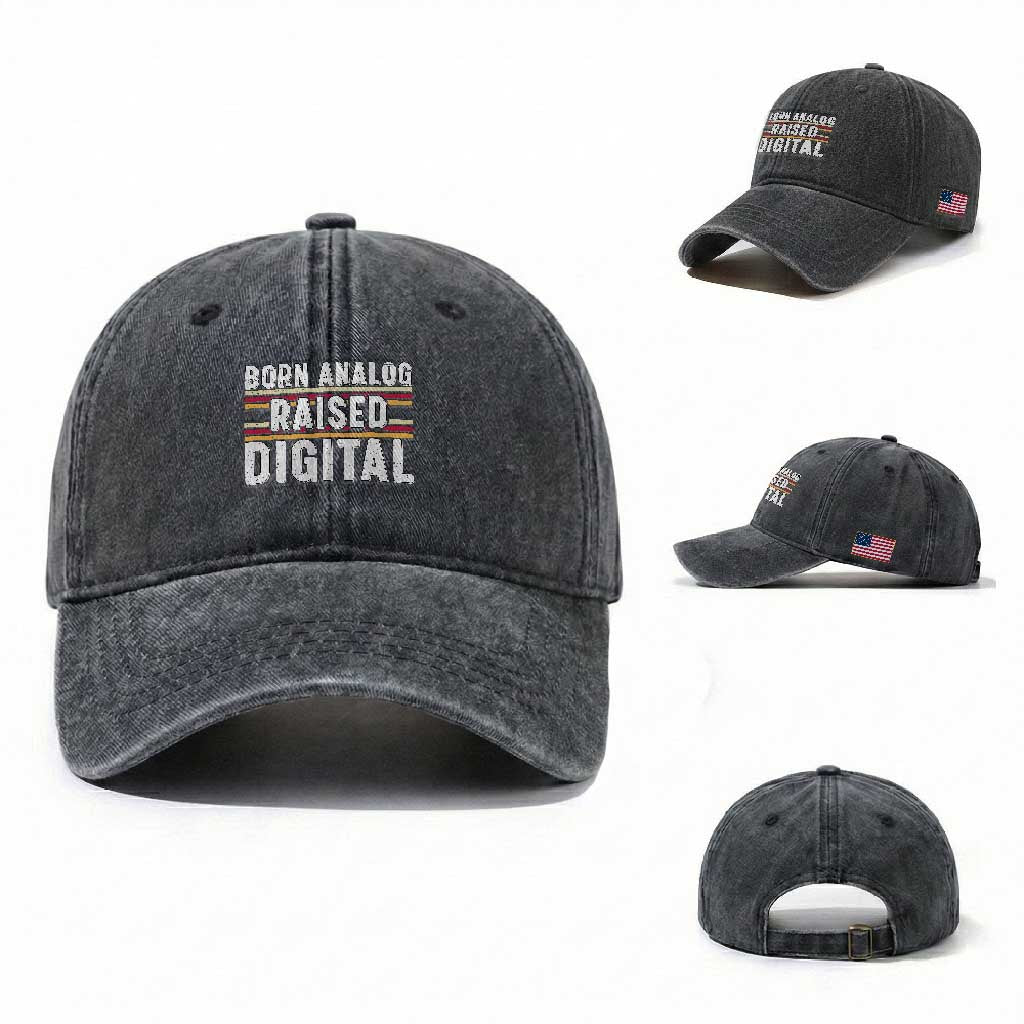 Born Analog Raised Digital Washed Cotton Baseball Cap Vintage Sunset Retro Tech Graphic
