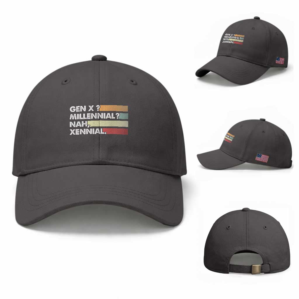 Gen X Millennial Nah Xennial Baseball Cap Retro Sunset Striped Typography Graphic