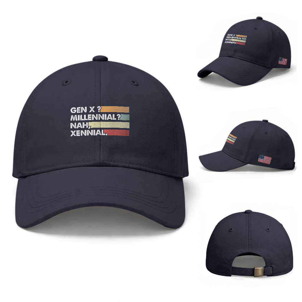 Gen X Millennial Nah Xennial Baseball Cap Retro Sunset Striped Typography Graphic